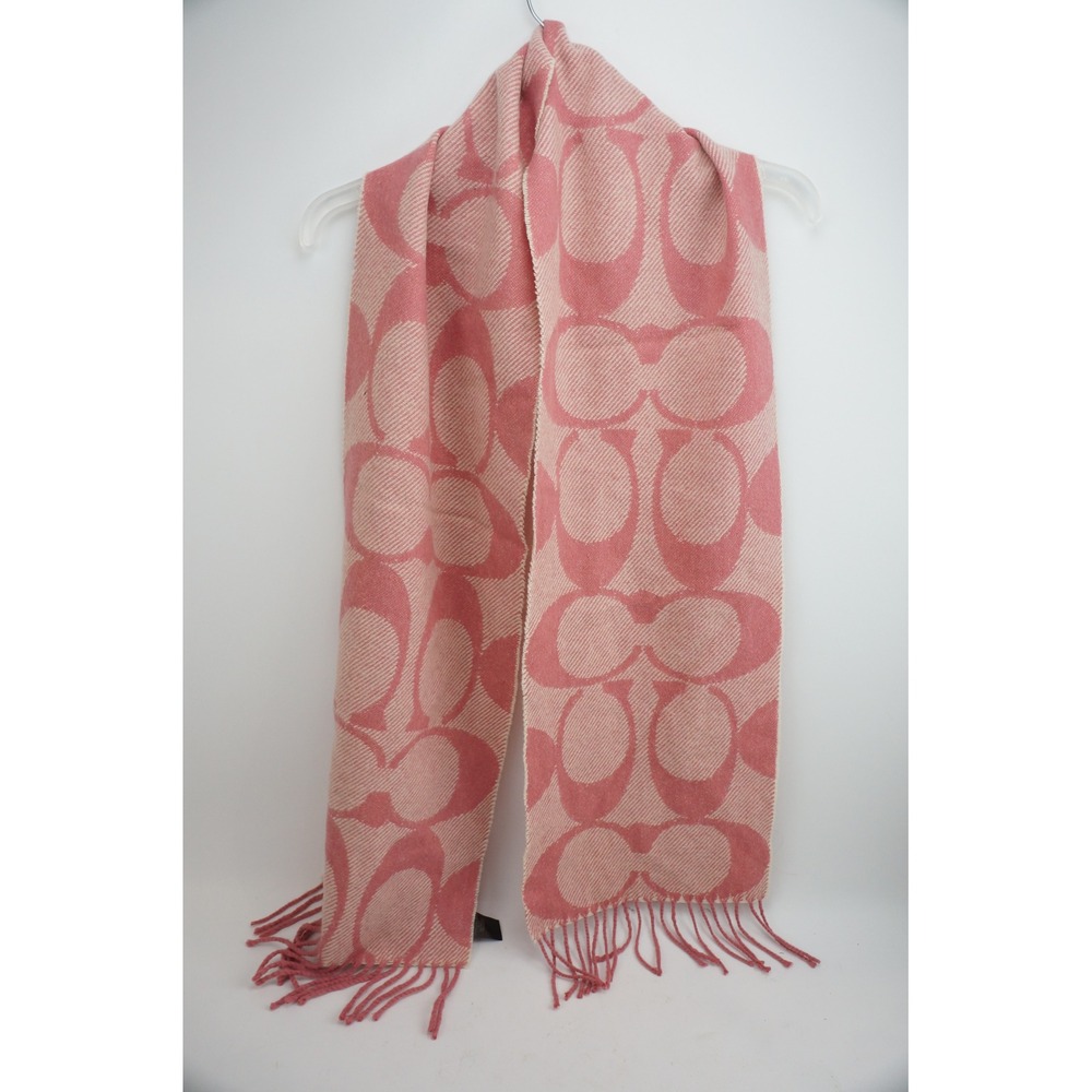 Coach Scarf Pink Monogram Signature Logo Wool Cashmere Blend Fringe Fair